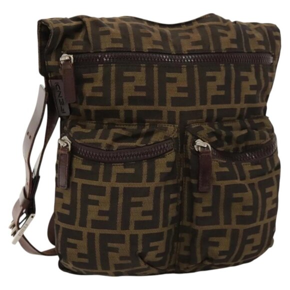 FENDI Zucca Canvas Shoulder Bag Black Brown Silver Auth bs24205
